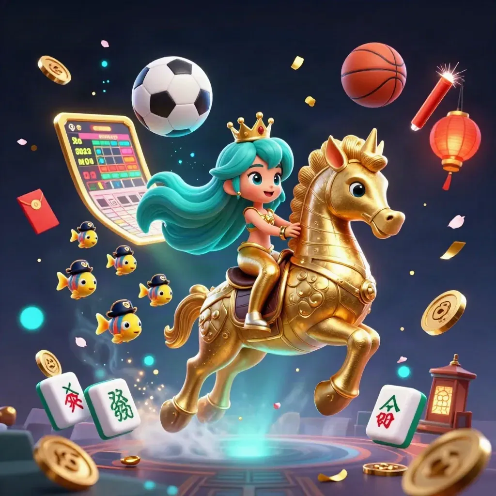 Mermaid princess on a gold seahorse amid casino sports chaos and glowing coins