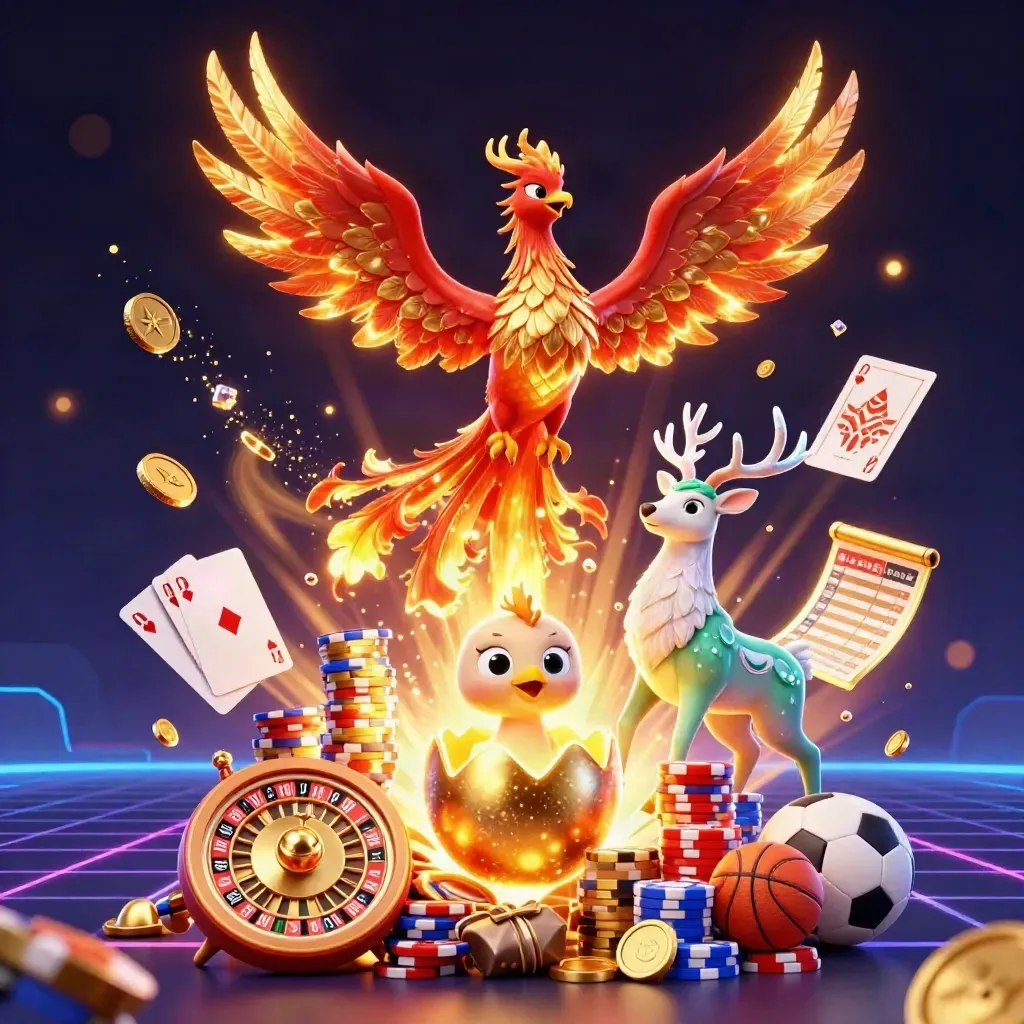 Fire phoenix, hatching baby phoenix, and crystal-antlered stag amid casino treasure, coins, cards, and neon glow