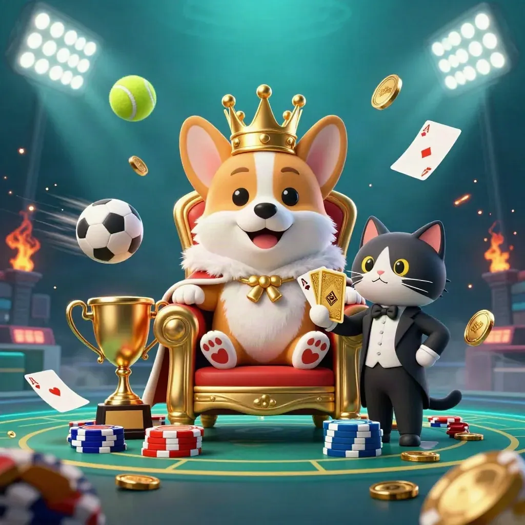 Crowned corgi and cat butler amid flying sports balls, coins, and casino lights.