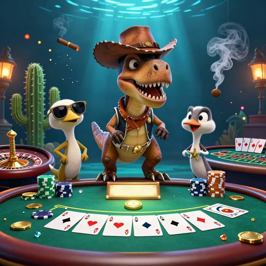 Cowboy T-Rex, cactus sidekick and roadrunner at a luxe casino table with chips and glowing lights