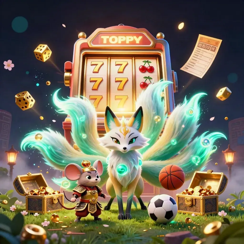 Nine-tailed fox spirit, samurai mouse, jackpot burst, flying balls, gold and neon casino glow.