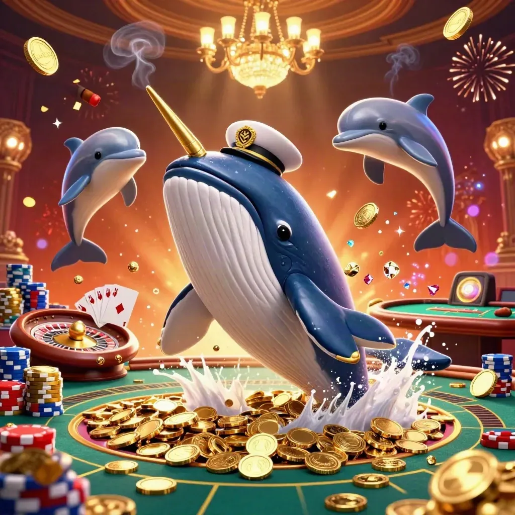 Whale captain, narwhal and dolphins amid casino coins, cards, chips, fireworks, and luxe glow