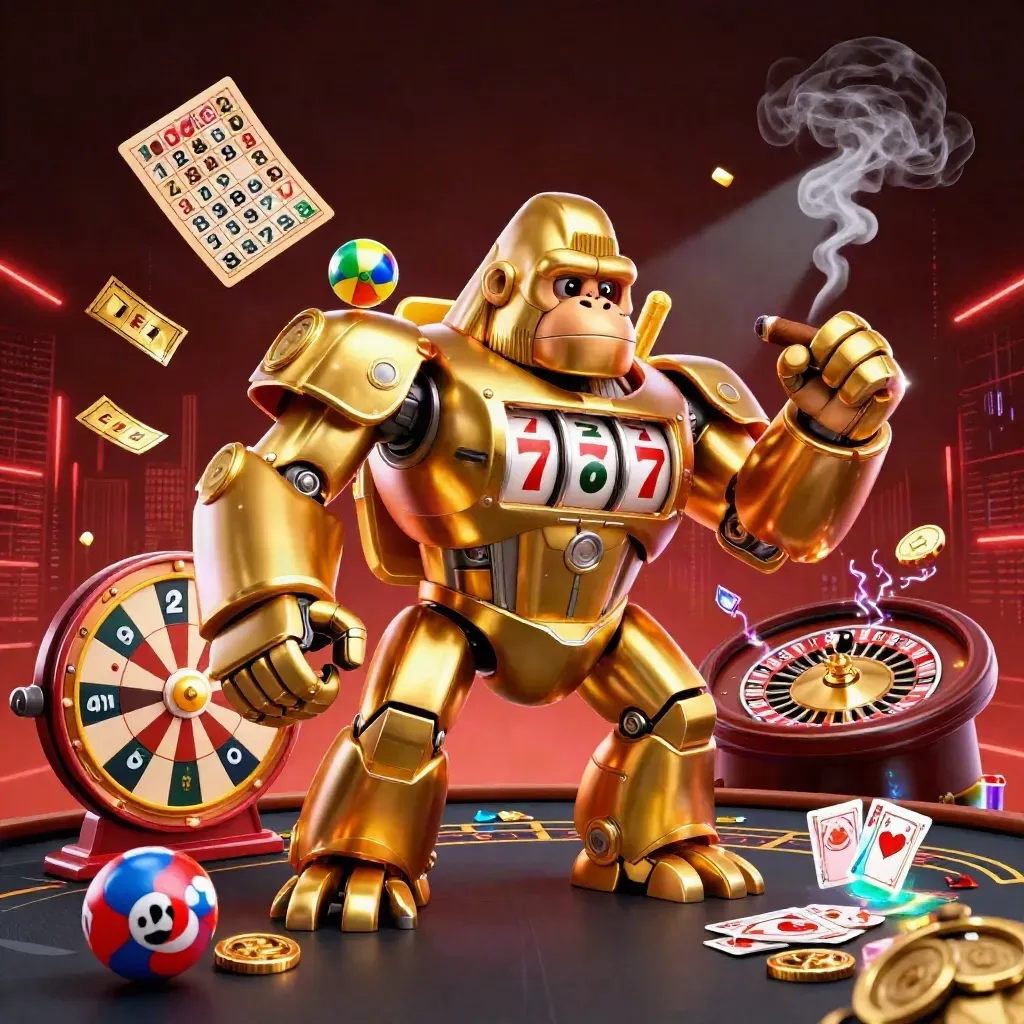 Golden gorilla slot mech with monkey pilot, casino wheel, coins, and glowing luxe lights.
