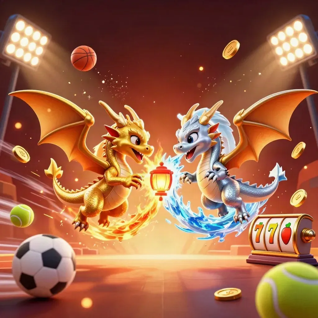 Twin gold and silver dragons clash mid-flight amid casino sparks, sports balls, coins, and glowing loot.