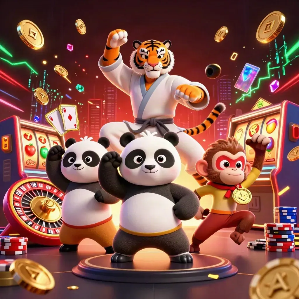 Kung-fu tiger, panda, and monkey amid casino coins, cards, chips, and neon energy