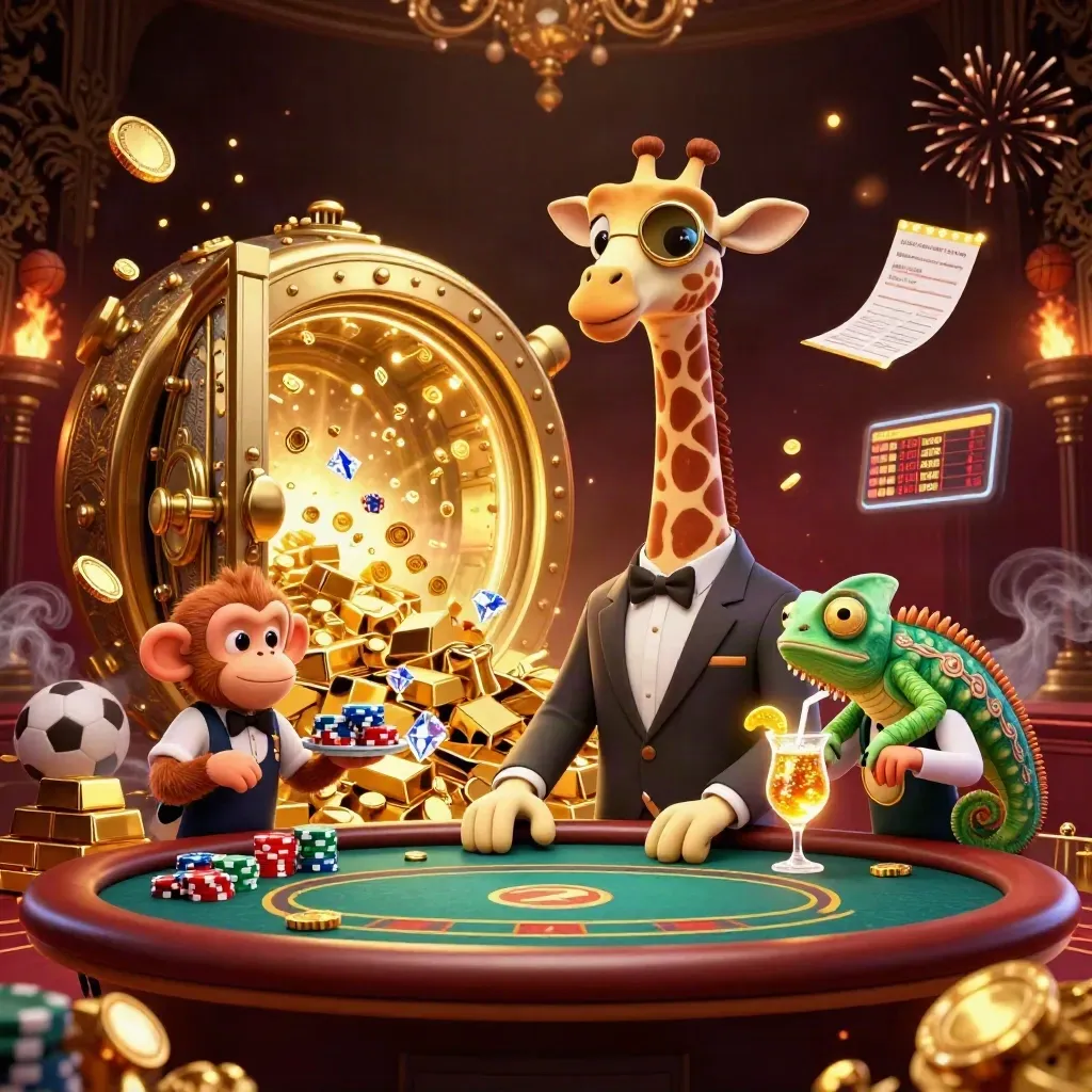 Giraffe, monkey, and chameleon in a luxe vault burst with coins, gems, and casino glamour.