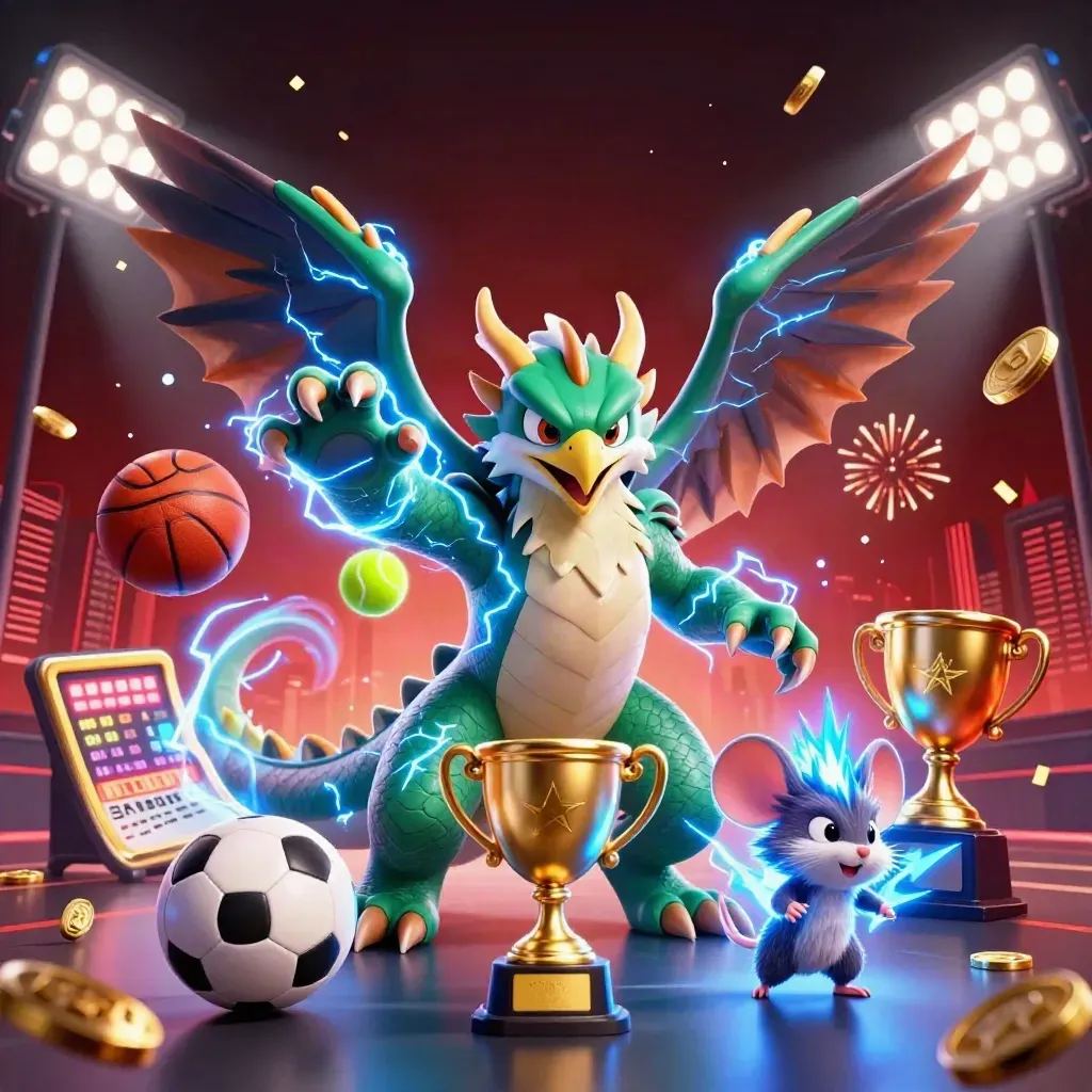Thunder dragon, hawk and mouse burst with coins, balls, trophy and fireworks in a luxe casino scene.