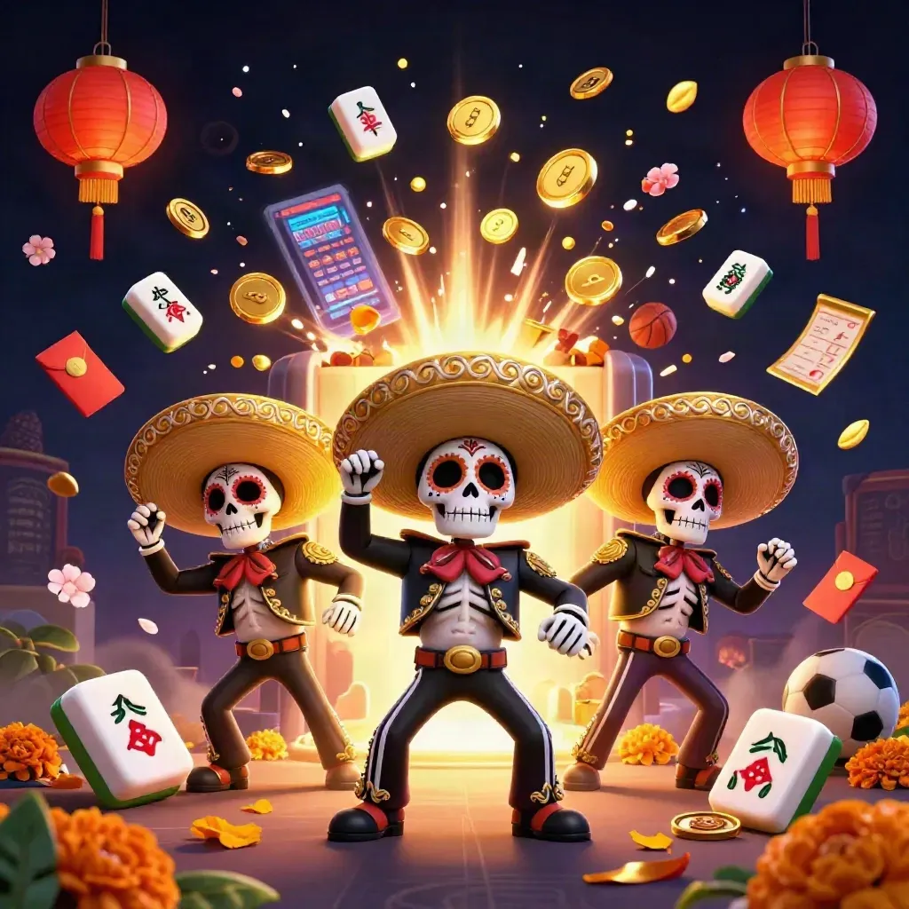 Skeleton mariachi trio with vault burst, coins, lanterns, petals, and casino game props