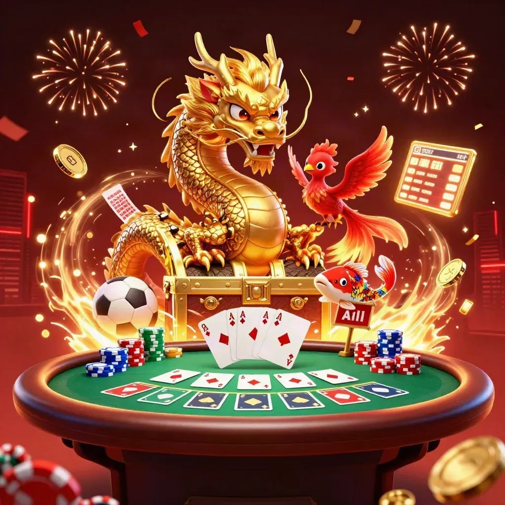 Dragon, phoenix and koi burst from treasure with cards, chips, sports icons and fireworks.
