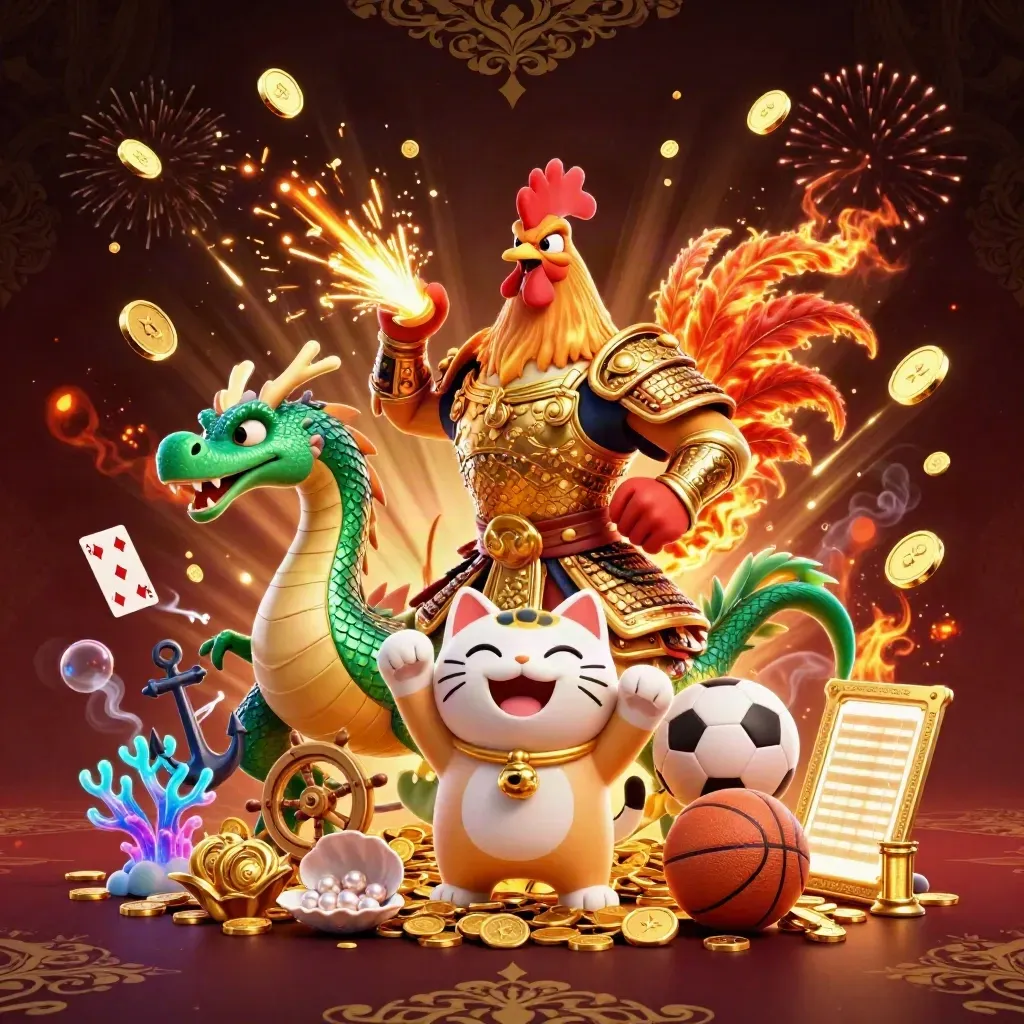Rooster warrior, spark-breathing dragon hatchling, and cheering fortune-cat amid gold coins and treasure.