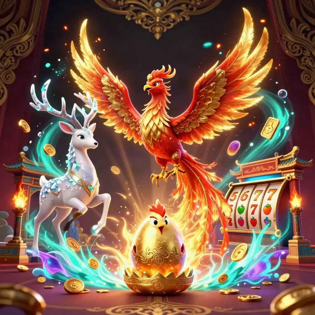 Phoenix, baby phoenix, and crystal-antler stag amid casino relics on a dark gold-damask glow.