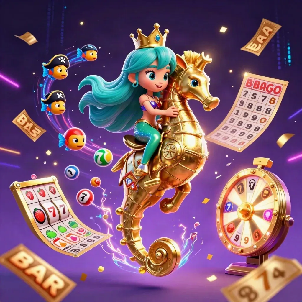 Mermaid princess on a golden seahorse amid slots, prize wheel, bingo card, and pirate fish