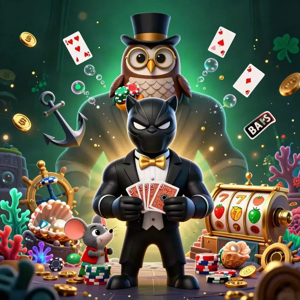 Panther dealer, owl and mouse in a glowing casino treasure cove