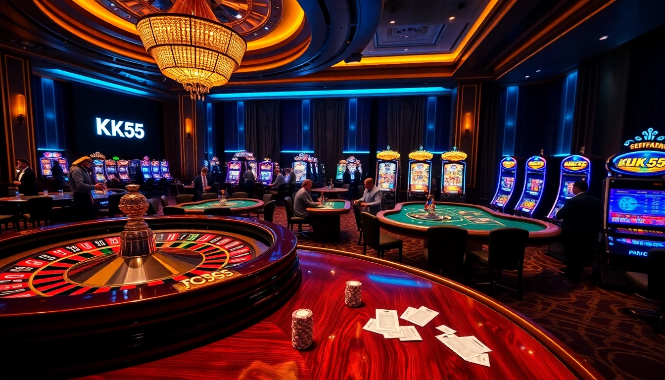 Experience the excitement of KK55 casino with vibrant tables, roulette wheels, and engaged players.