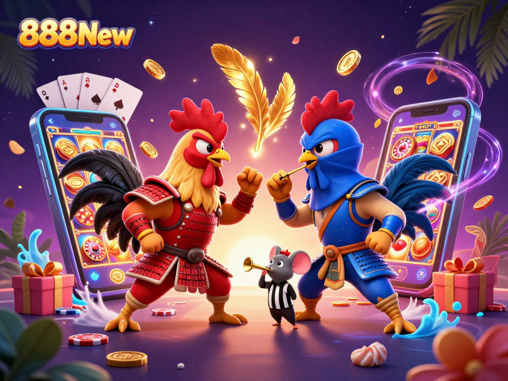 Experience 888New's vibrant gaming scene with dynamic fighting roosters and engaging slot elements.
