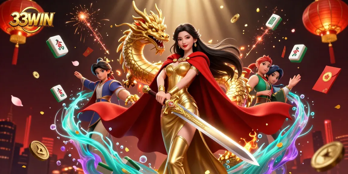 Experience the thrilling action of 33WIN with vibrant casino elements and a warrior queen in this dynamic illustration.