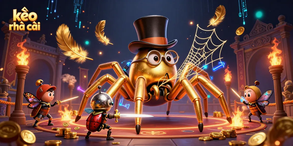 Experience the excitement of kèo nhà cái with a vibrant illustration showcasing a giant golden tarantula and a knight in a casino!