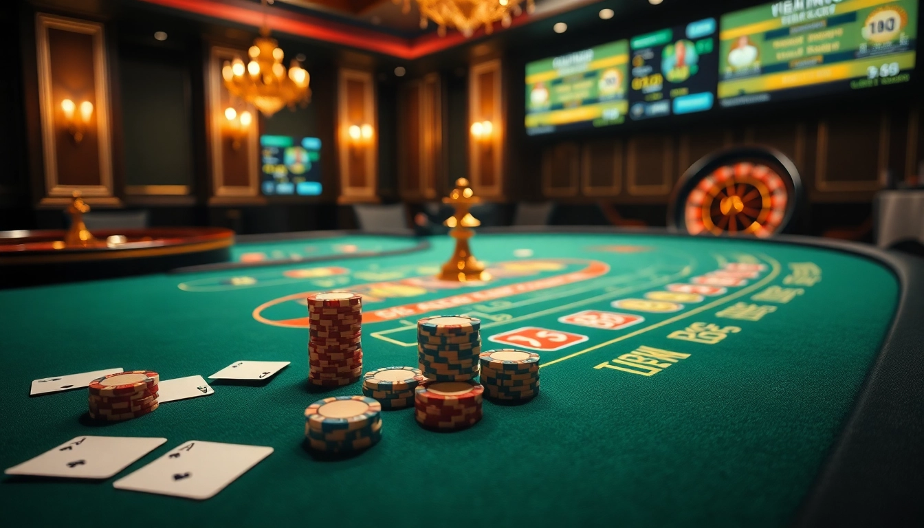 Experience thrilling gameplay on https://ok365.tw/ featuring an elegant casino with blackjack tables and roulette wheels.