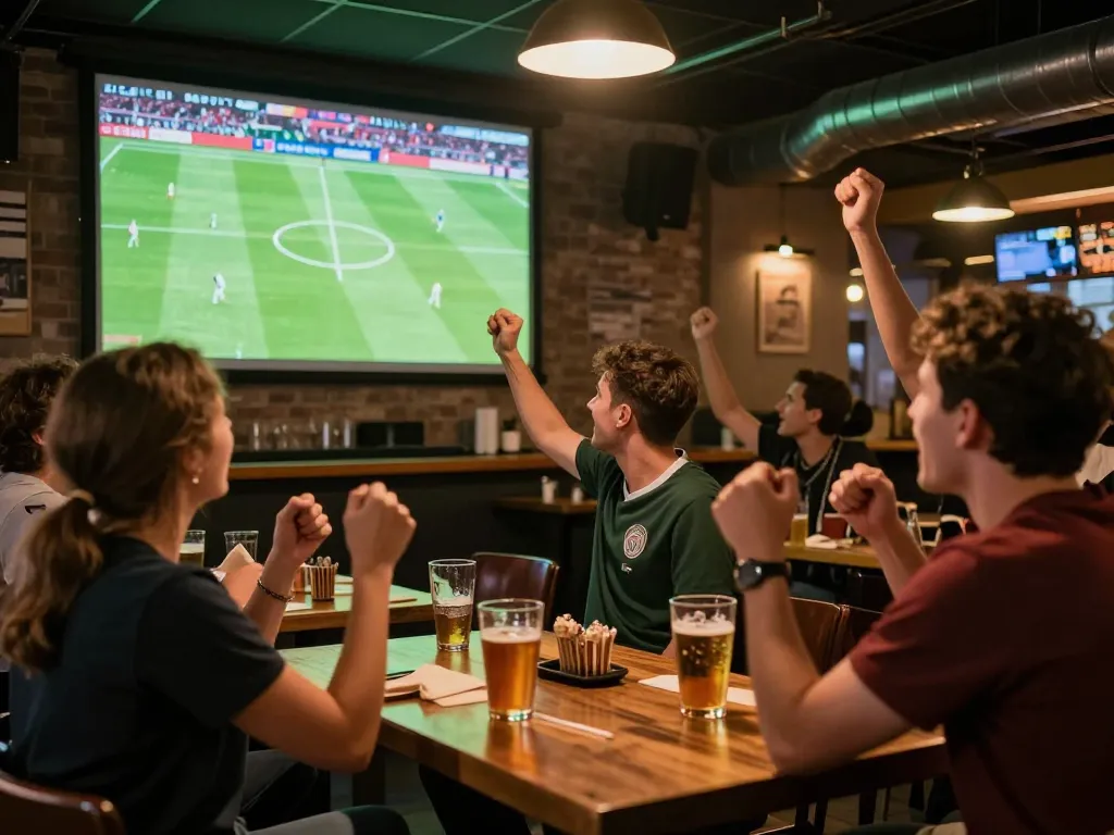 Experience trực tiếp bóng đá bundesliga with friends cheering in a lively sports bar atmosphere.