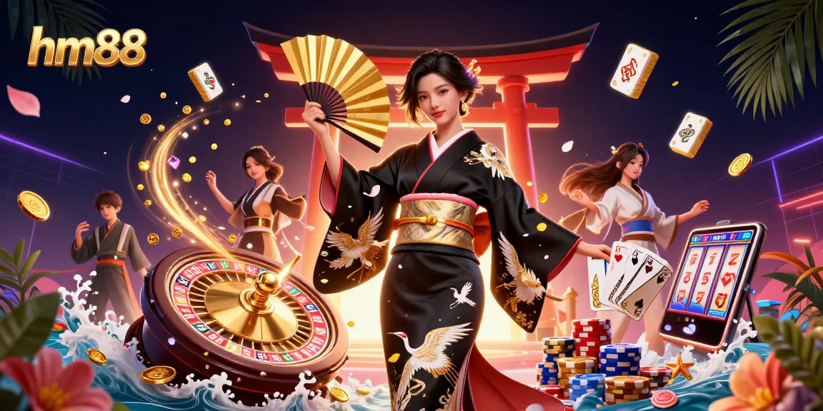 Experience high-stakes gaming at hm88 with elegant characters and casino elements amidst dazzling visuals.