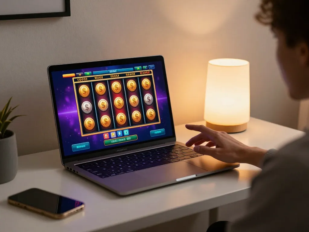 Engaged player spins reels on okking nhà cái's online slot game, showcasing excitement