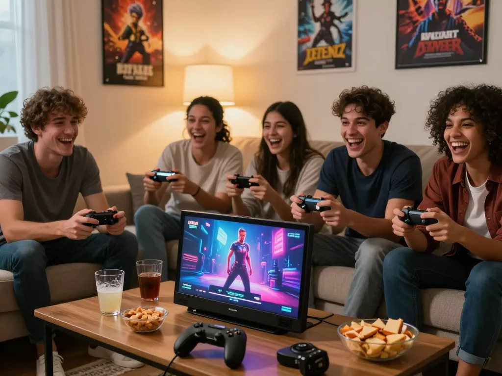 Friends enjoying interactive porn games in a cozy living room setting, showcasing vibrant graphics and a fun atmosphere.