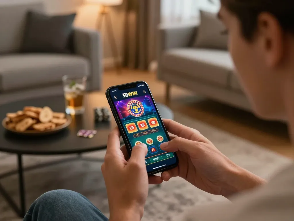 Engaged player using 56WIN casino app on smartphone in a cozy home setup, ready to place a bet.