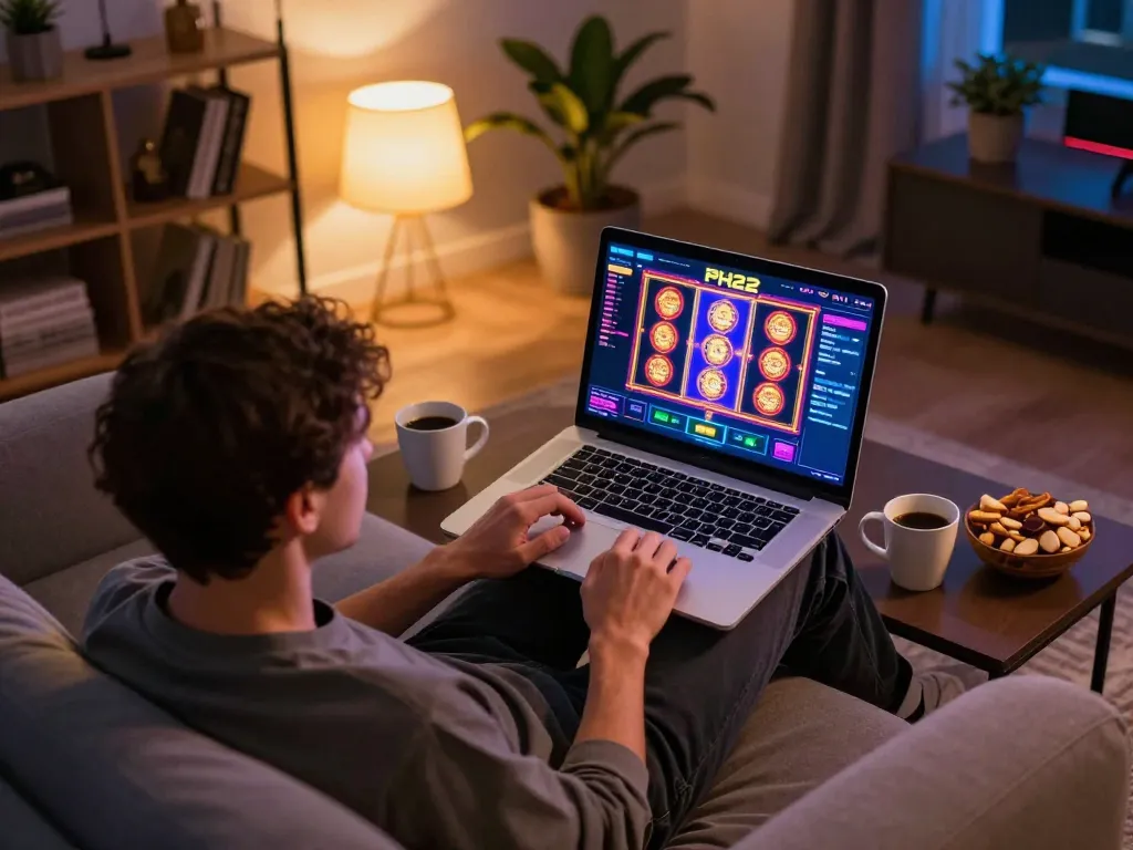 Exciting online gambling session at PH22 with player engaging on laptop, showcasing casino interface.