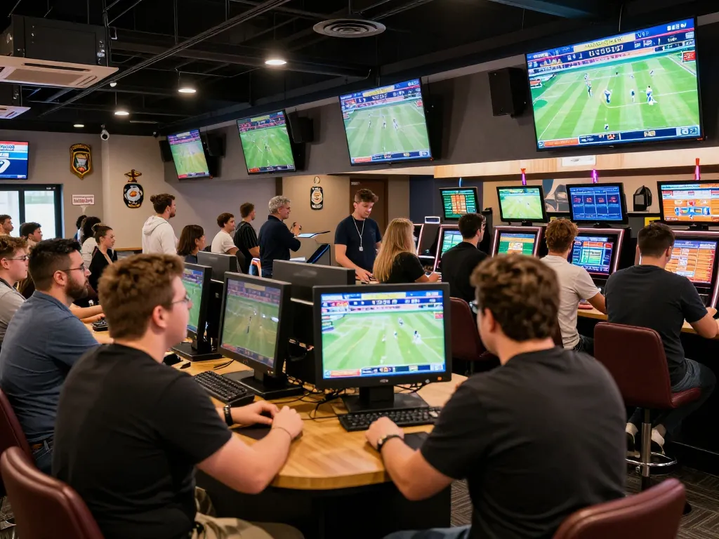 Kèo Nhà Cái 5 sports betting action with fans excitedly placing wagers at a vibrant lounge.