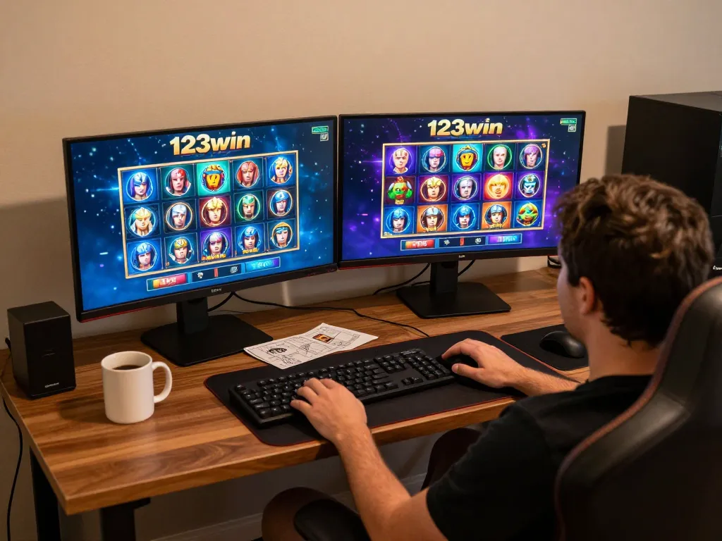 Engaging online gaming scene featuring 123win gameplay on dual monitors, casual player immersed in action.