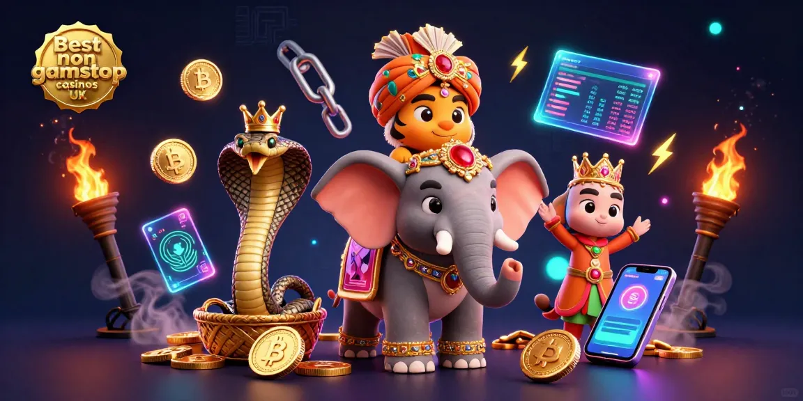 Engage with the best non gamstop casinos UK featuring an ornate maharaja riding an elephant amidst casino elements.