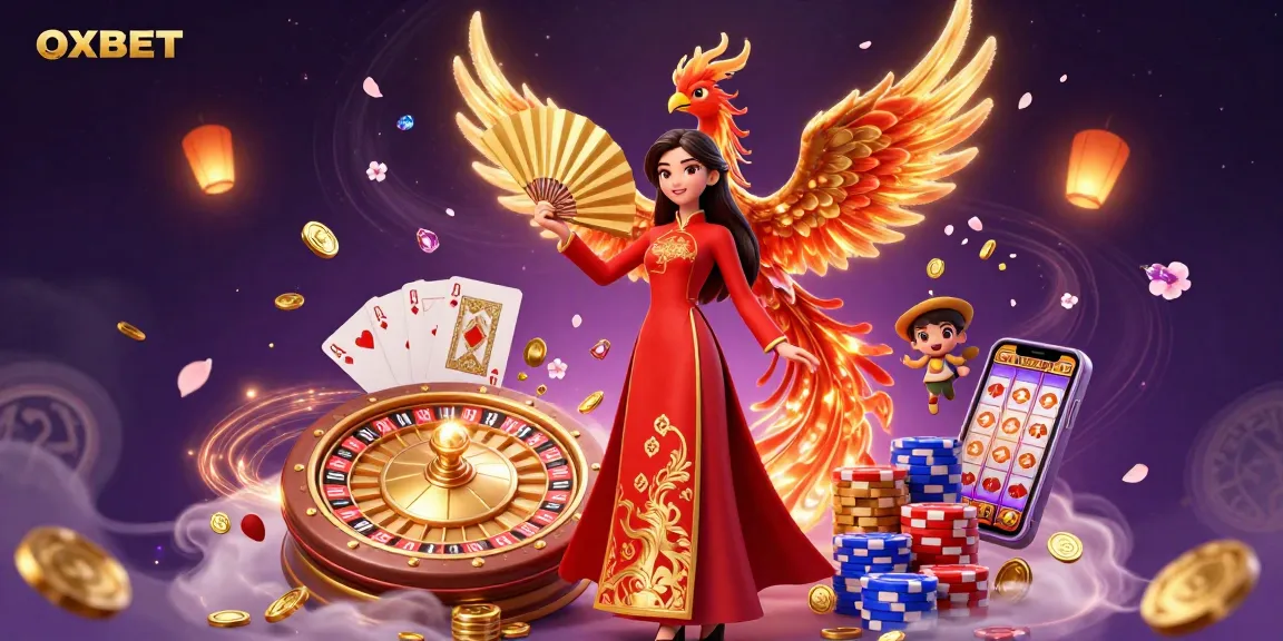 Win big with OXBET in this vibrant casino-themed illustration featuring a beautiful woman and a phoenix.