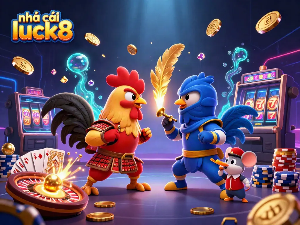 Place your bets with nhà cái luck8 and witness the epic battle of roosters amidst a vibrant casino scene.