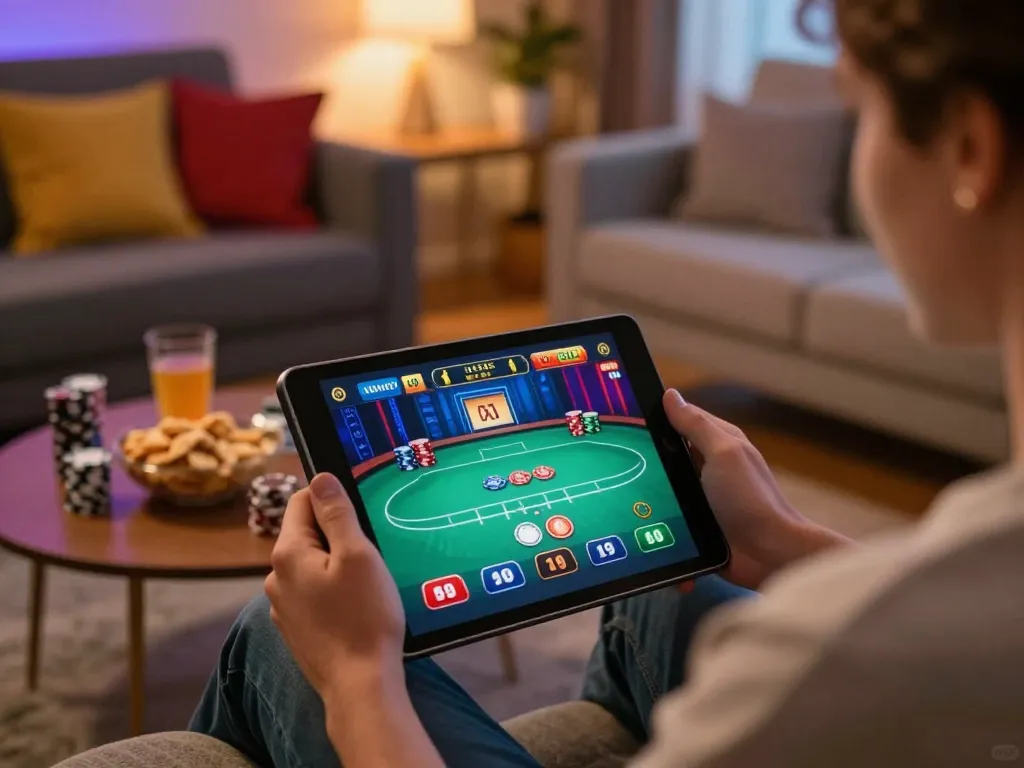 Engaging in online poker gameplay at home, showcasing hitclub's interactive gaming experience, with vibrant tablet display.