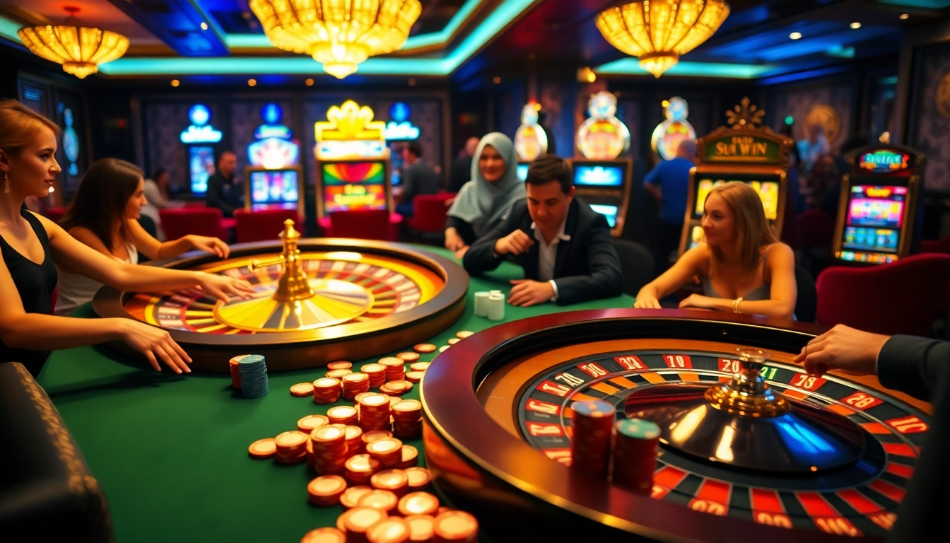 Exciting scene of a high-stakes poker game at the Sun Win casino, featuring colorful chips and vibrant roulette wheel.