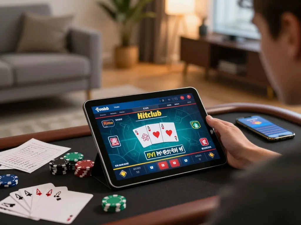 Hitclub player engaged in online gaming strategy with tablet and notes in a cozy home setting