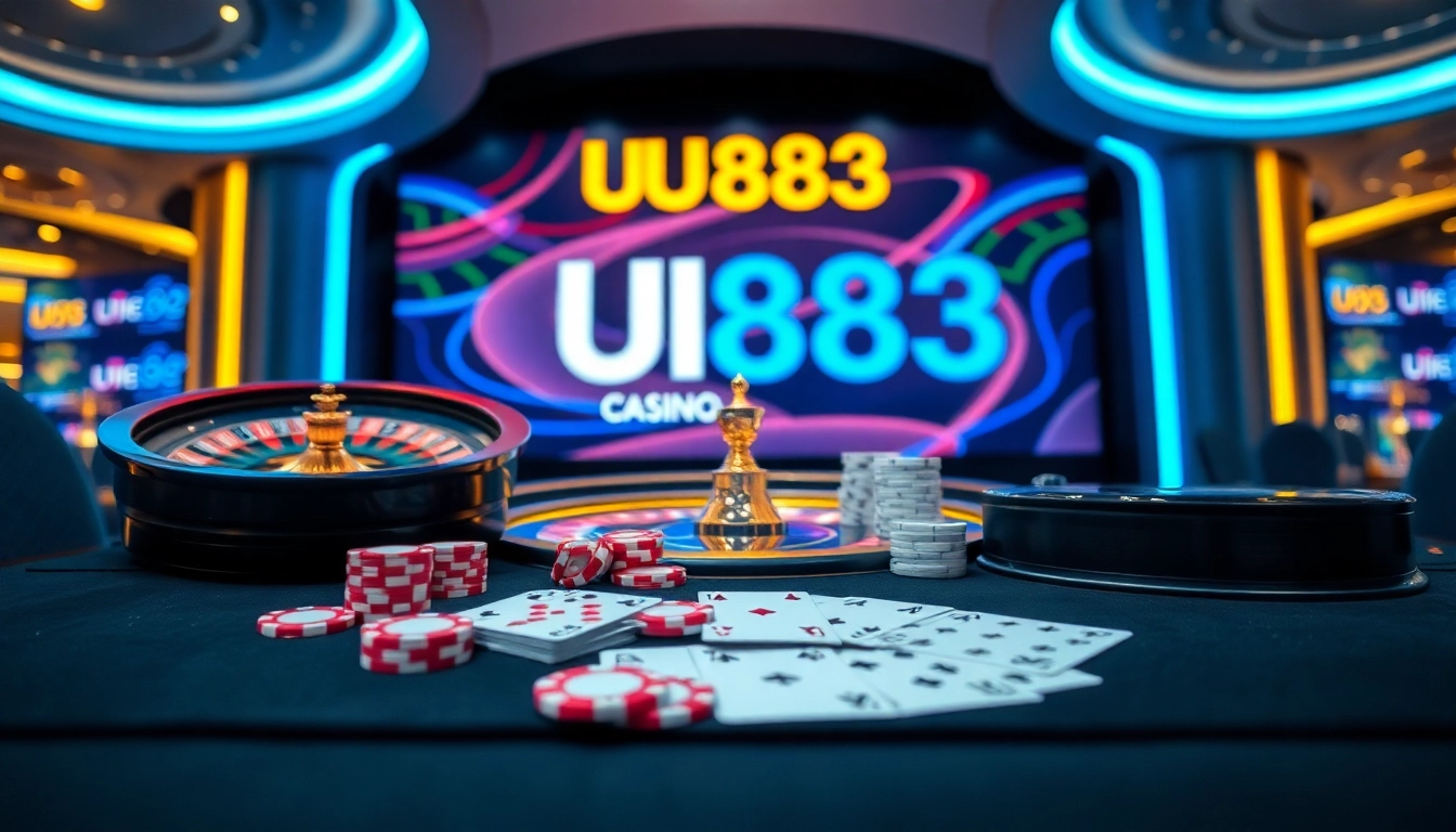 Engage in thrilling roulette action at UU883 casino, showcasing vibrant poker chips and cards.