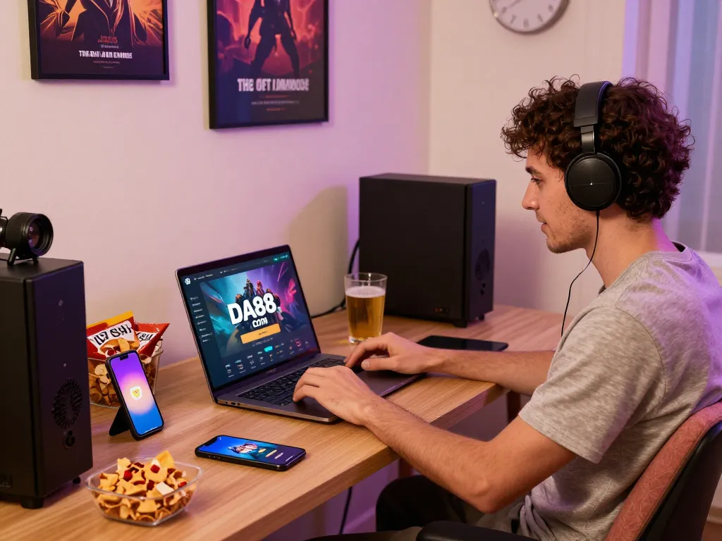 Engaged user playing games on DA88.com in a cozy home office environment, showcasing modern gaming setup and relaxed atmosphere.
