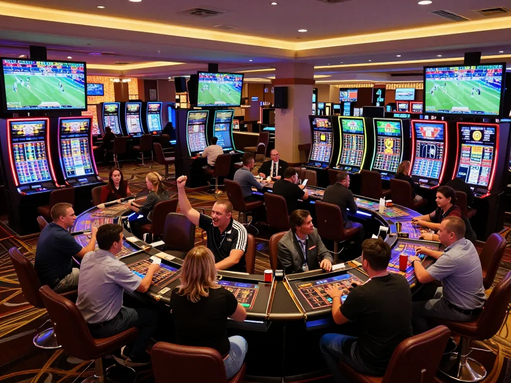 Exciting scene at keonhacaivn sports betting lounge with patrons placing bets on live games