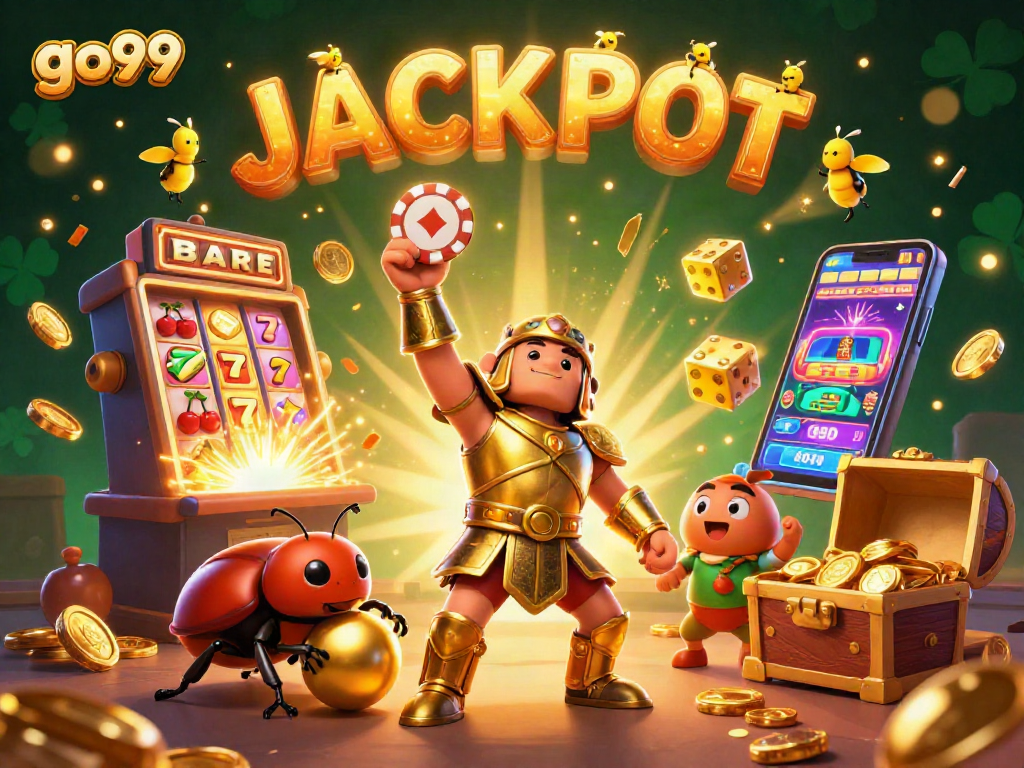 Experience the thrill of go99 with a vivid jackpot scene featuring cartoon characters and casino elements.