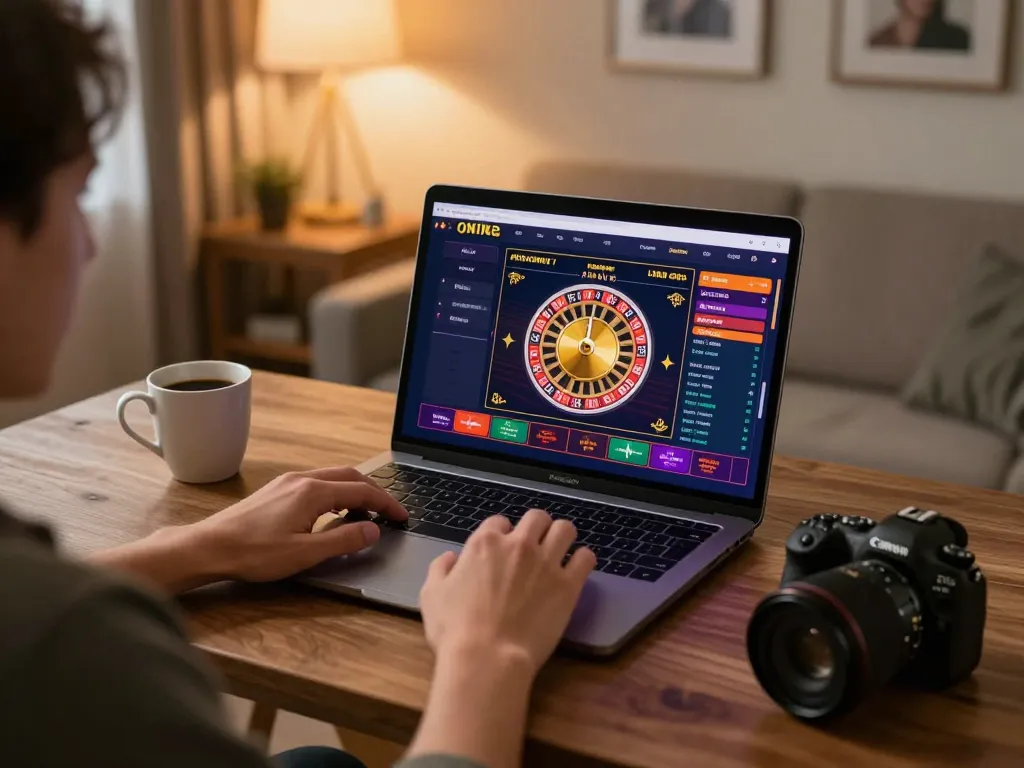 Player enjoying online gambling at home with BL555 casino setup on laptop, showcasing engaging gaming interface.