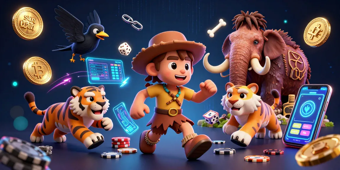 Experience thrilling gameplay at sun win with caveman and sabertooth tiger characters in a vibrant casino scene.