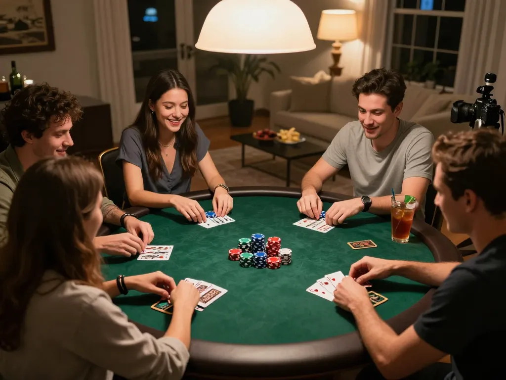 Sunwin players engaging in a thrilling home poker game, vibrant chips and cards in action.