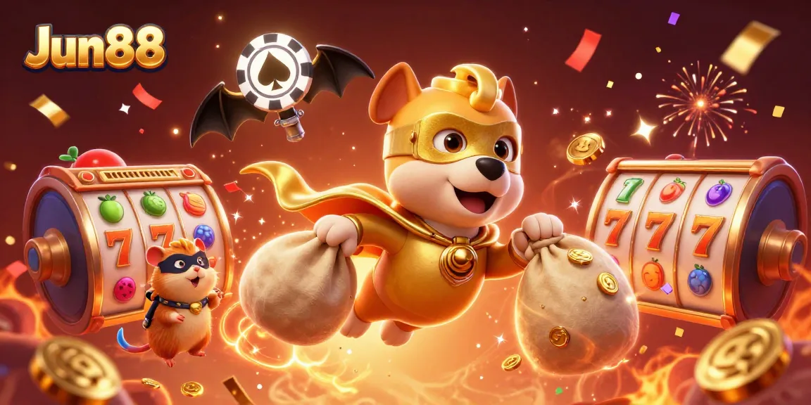 Jun88 champions the excitement of winning with a superhero dog and hamster amidst flying casino elements