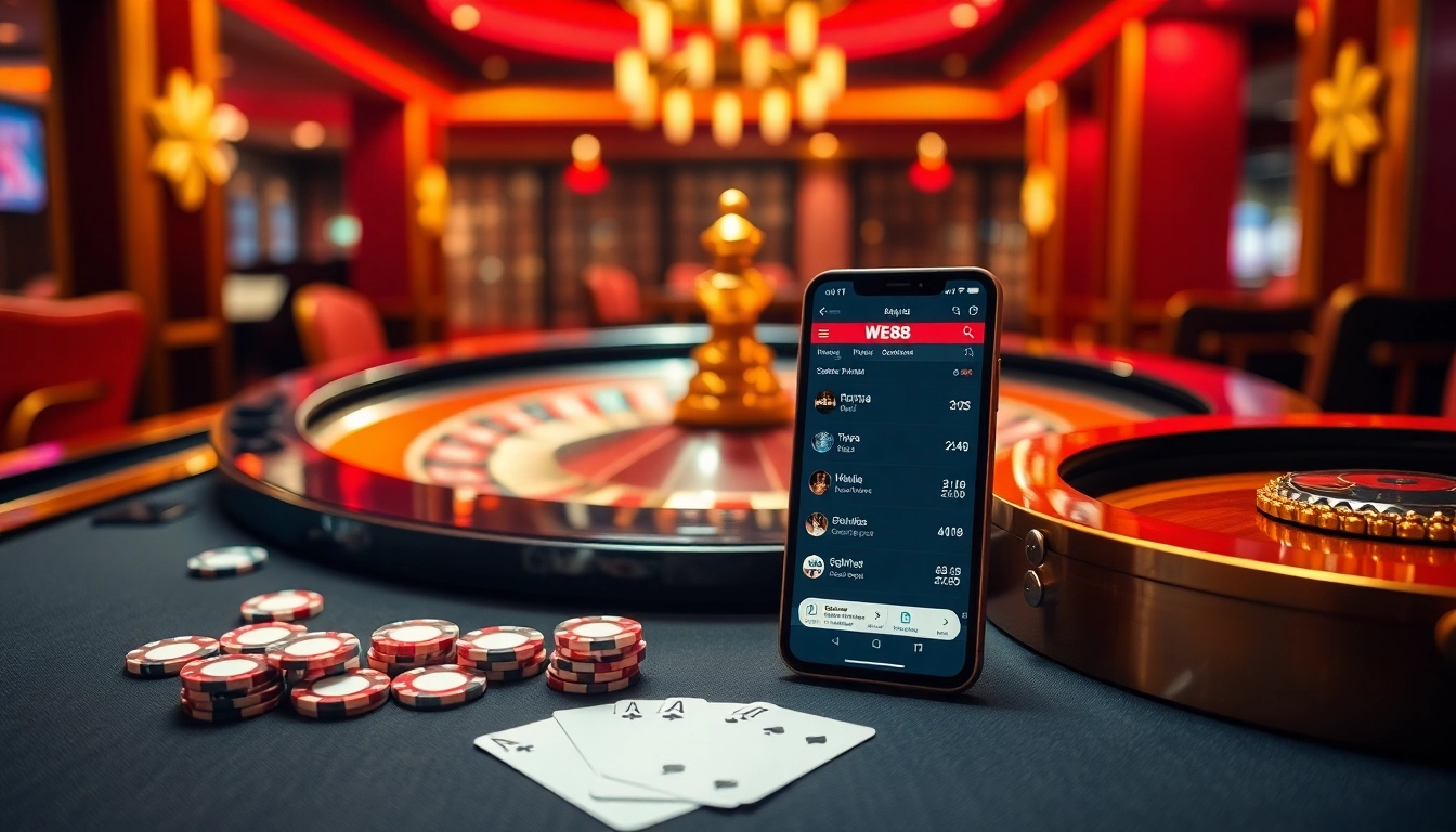 Experience WE88 action at an exciting roulette table with vibrant casino elements.