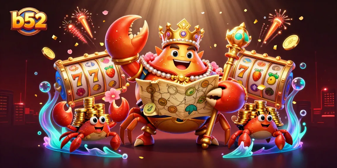 Play exciting casino games at b52 with a vibrant scene featuring a golden crab emperor and lucky symbols.