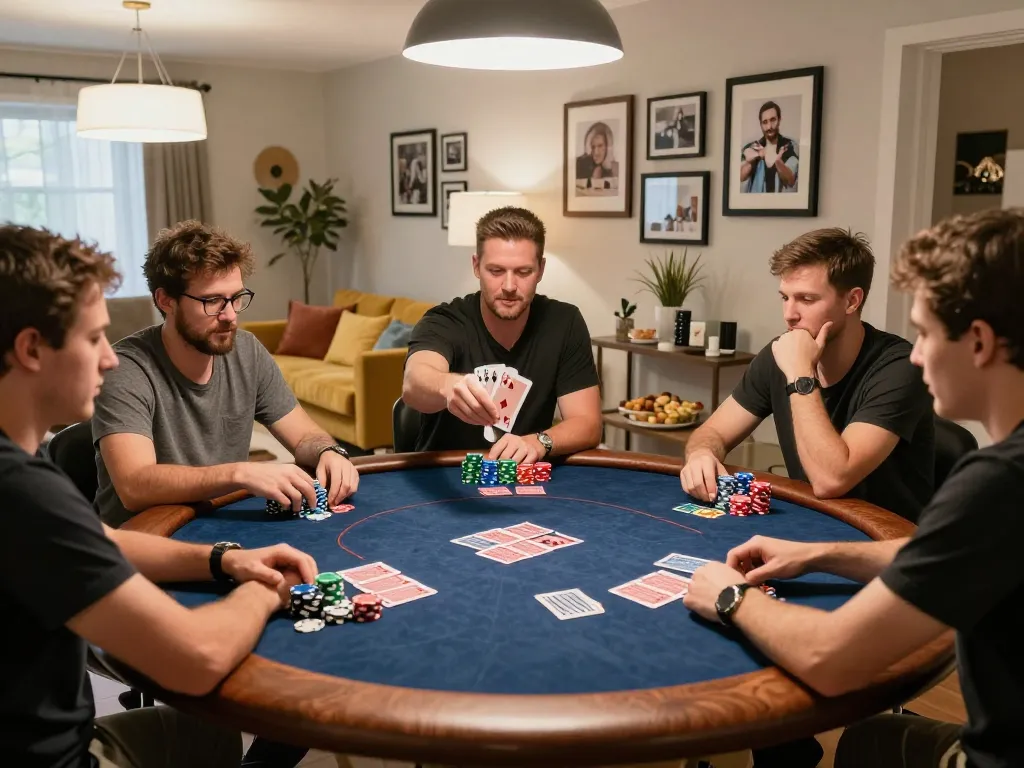 Players enjoying a thrilling poker night at home with 8KBET gaming strategies visible in hand