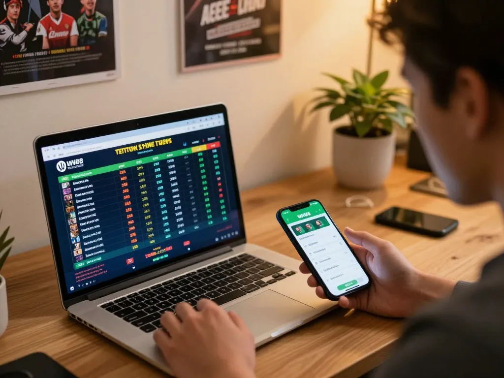 Engaged user analyzing sports data and betting live on WW88 app in a dynamic home office.