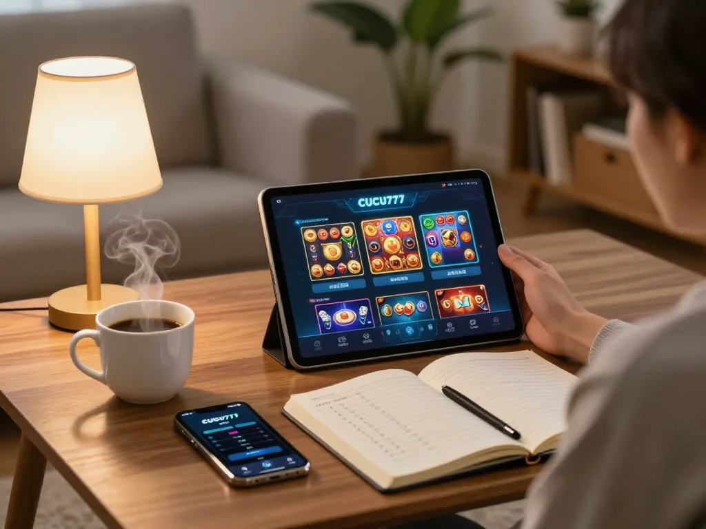 Engaging in online gaming at home with CUCU777 app on tablet, casual setup with notebook and coffee.
