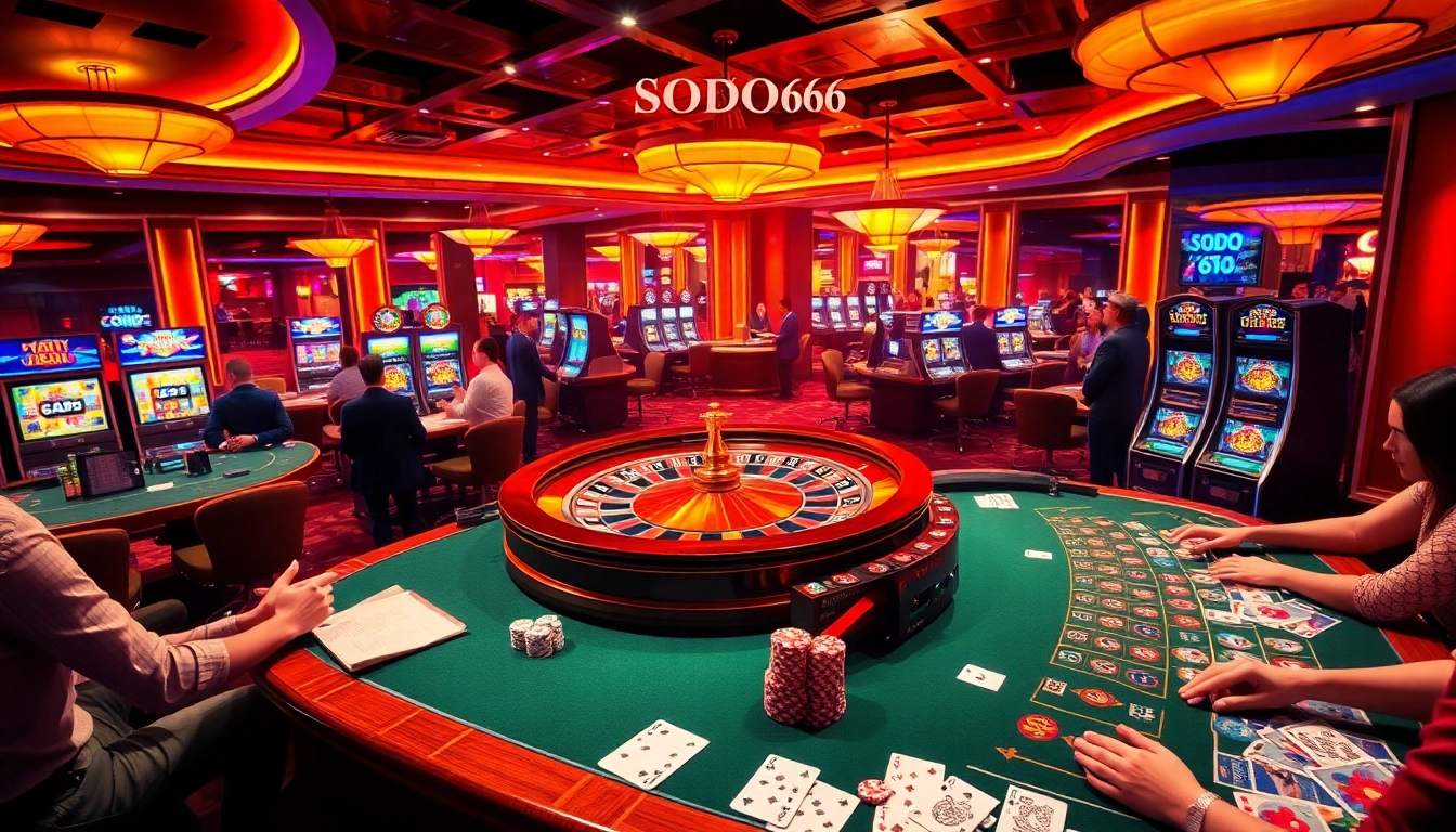 SODO66 players engaging in a thrilling casino game with vibrant roulette and poker action.
